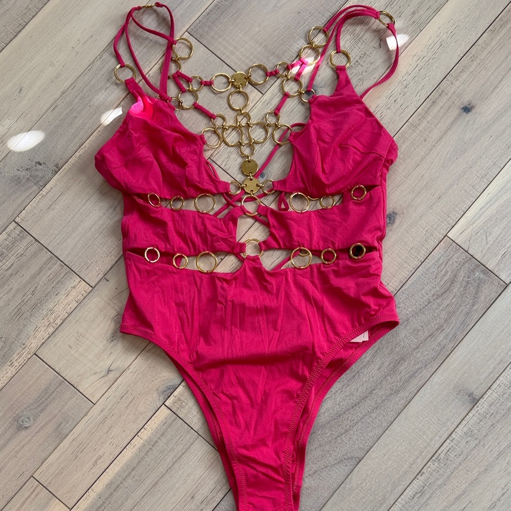 Agent Provocateur Pink One Piece with Gold Accents - Seen in Emily in Paris